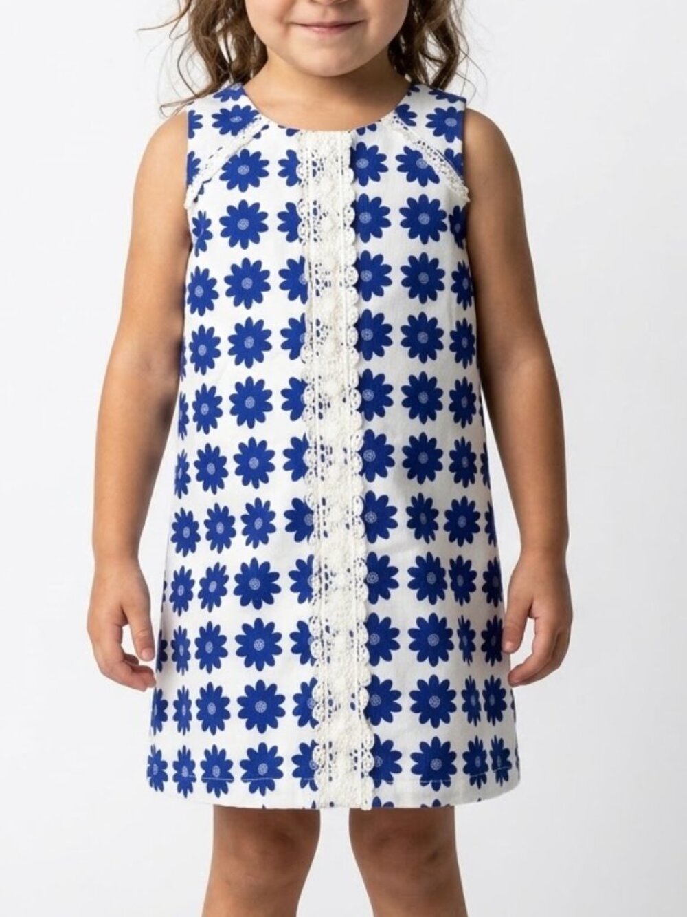 Lydia Jane 4T Daisy Print A-Line Sundress Mod 60s Retro White Blue Lace Trim Bow